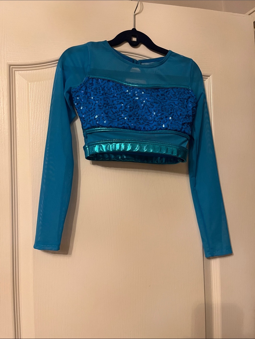 Girls Teal Sequin Long-Sleeve Dance Crop Top